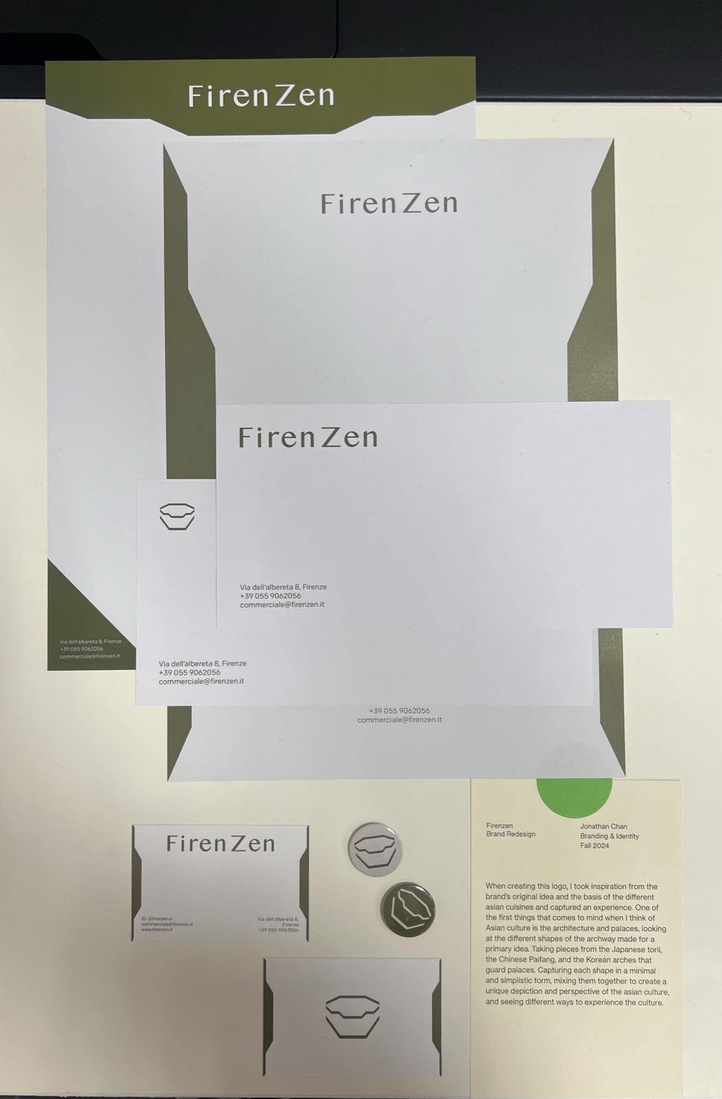 Full stationery system flat lay: letterhead, envelopes, cards and pins