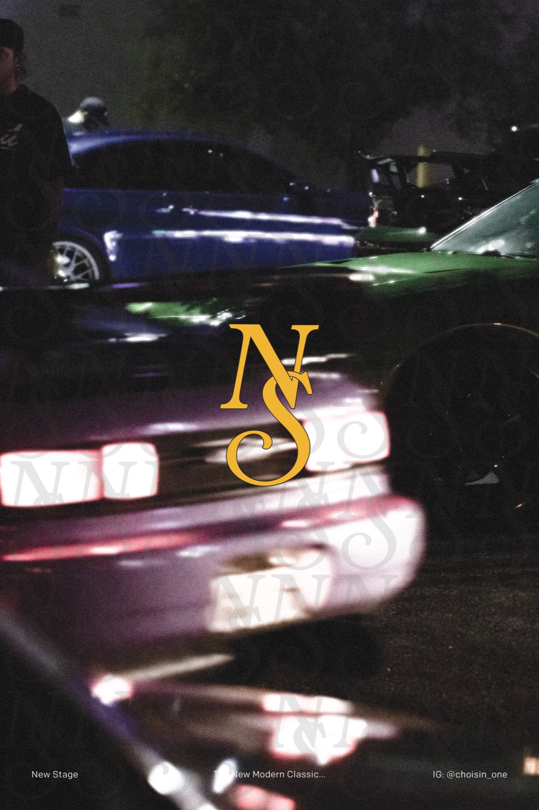 Night meet poster with centred gold monogram
